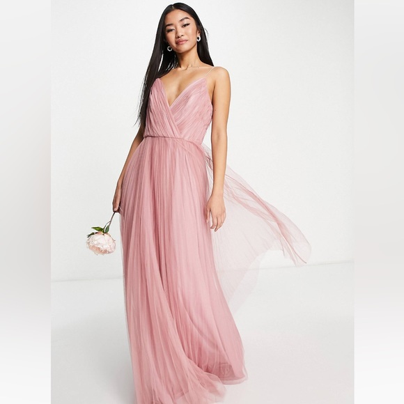 ASOS DESIGN Bridesmaid cami pleated tulle maxi dress in rose - Picture 1 of 1